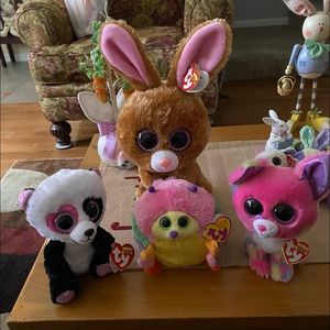 TY Spring collection. Rabbit, Panda, Cat and Caterpillar.